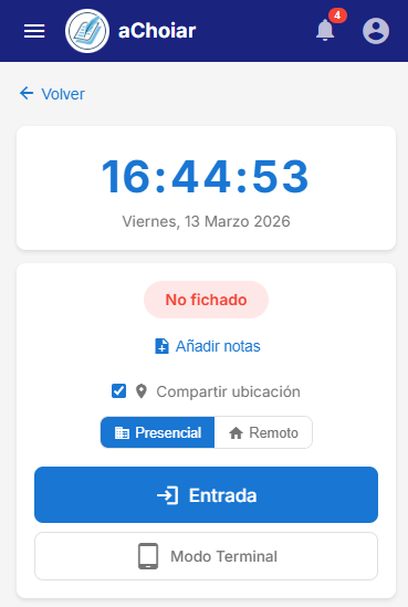 Interfaz de fichaje